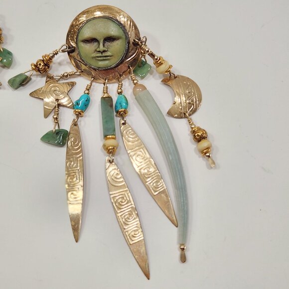 Rare Vintage Gold Tone Tabra "Celestial" Moon Face Pierced Dangle Earrings - Picture 4 of 8